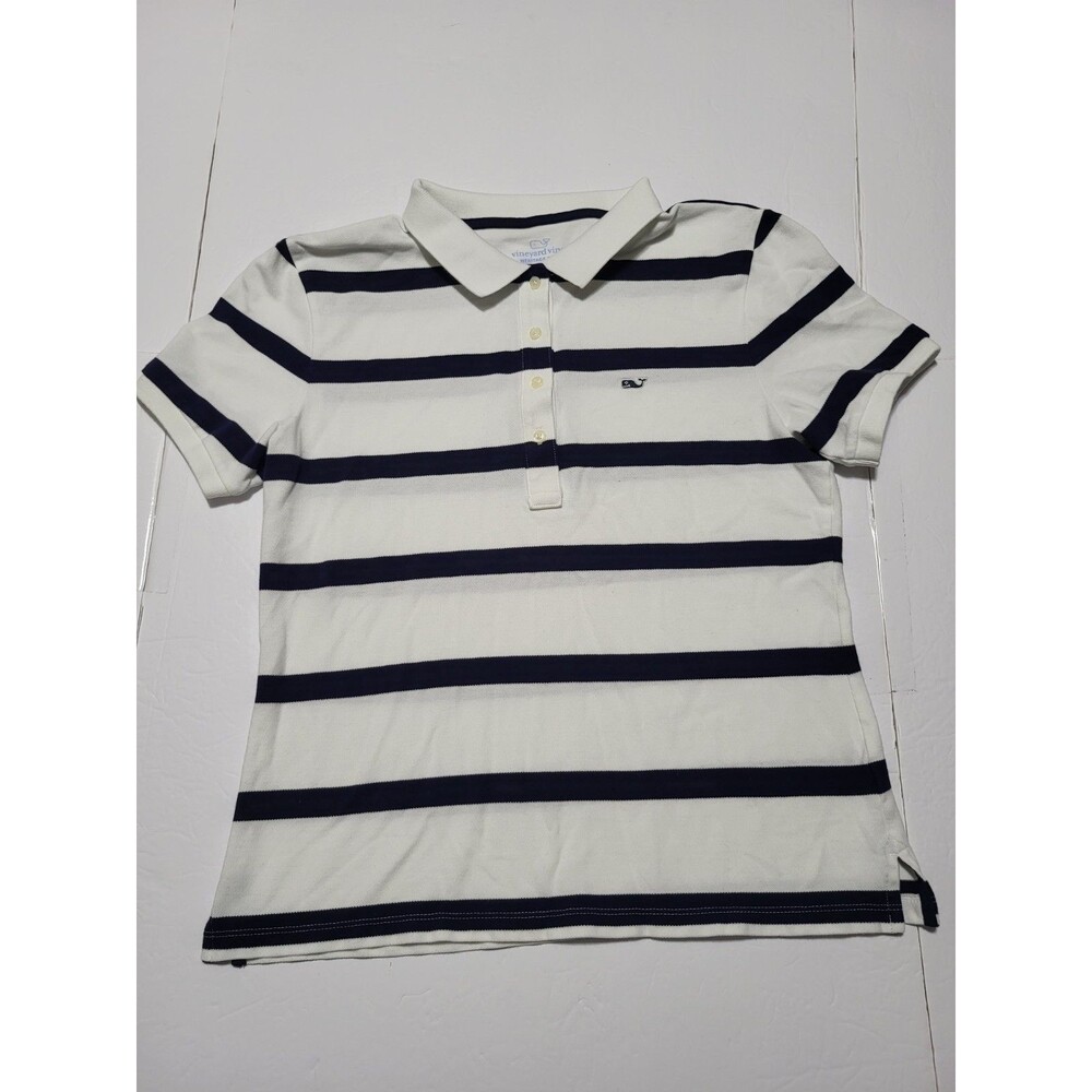 (#L7) Vineyard Vines Heritage Polo Cotton Size Women's M White / Blue Stripes